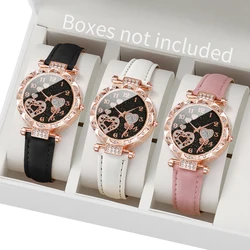 3pcs/set Women Fashion Leather Strap Heart-shaped Dial Quartz Watch for Ladies Black White Pink Set