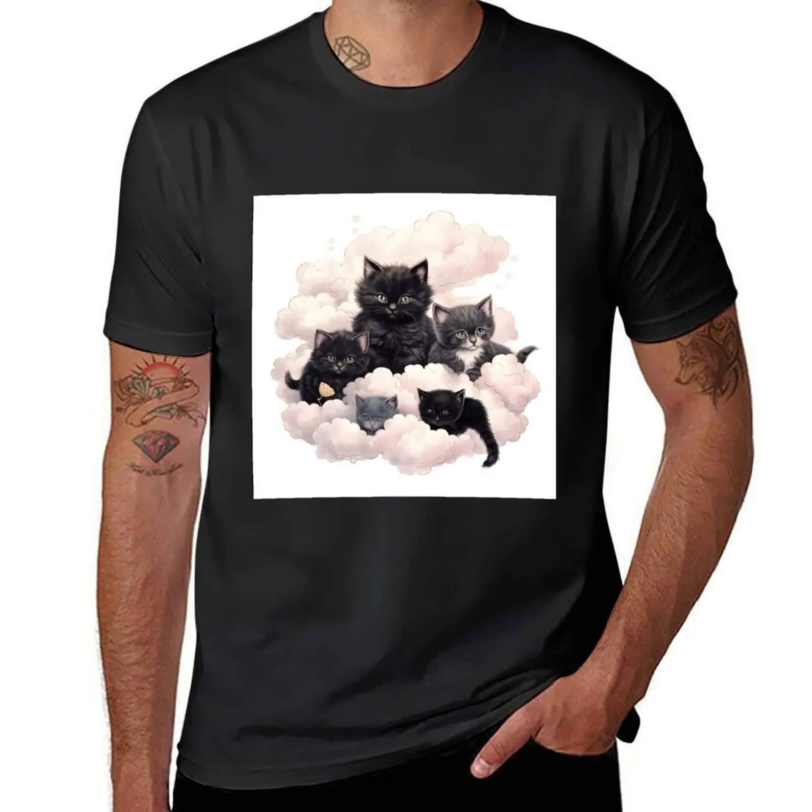 

Playful Whimsy: A Black Kitten's Journey to the Clouds T-Shirt cute clothes cute tops vintage clothes T-shirts for men cotton