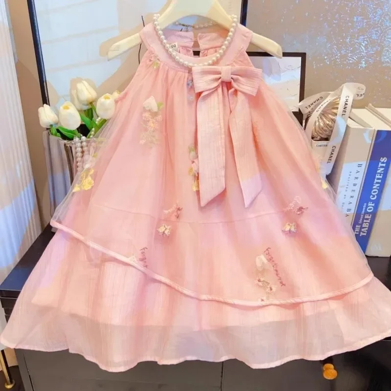 

Girls Floral Bow Vest Skirt 2025 Summer New Children's Baby Foreign Style Holiday Princess Dress