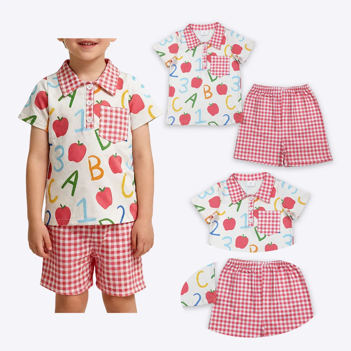 

Baby Boy Apples ABC Pocket Button Polo Top Checked Shorts Back to School Sets Children Outfits Kids Toddler Clothing Wholesale