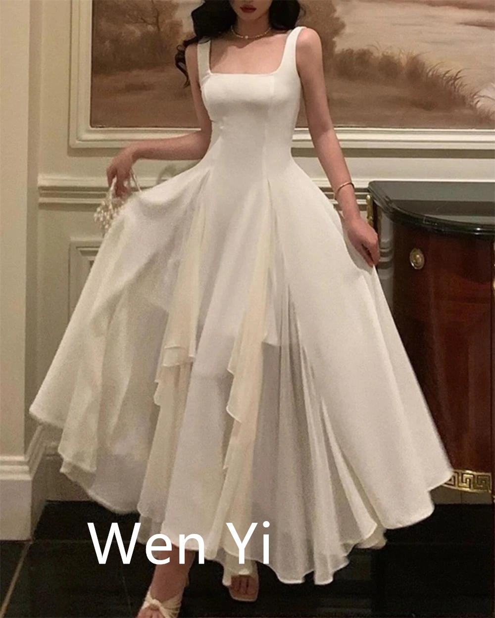 カスタマイズされた絶妙なアイボリーシフォンイブニングドレスクラシックスクエアカラーキャップスリーブノースリーブジッパーバックオーダーメイドOccas