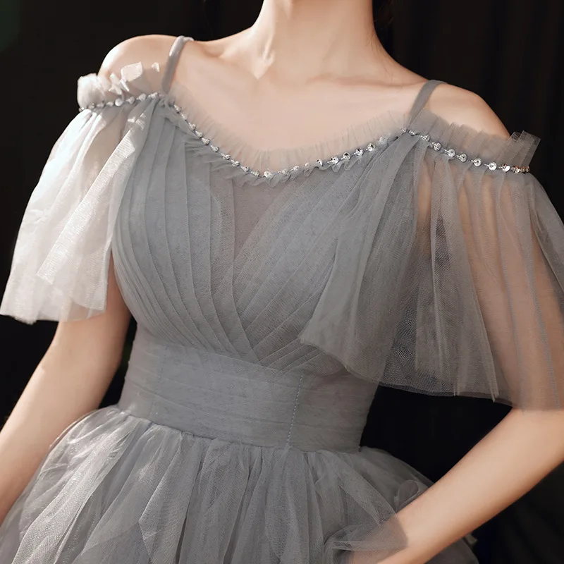 Robe de Soirée Grise en Tulle à Paillettes pour Femme, Tenue de Bal, Forme Trapèze