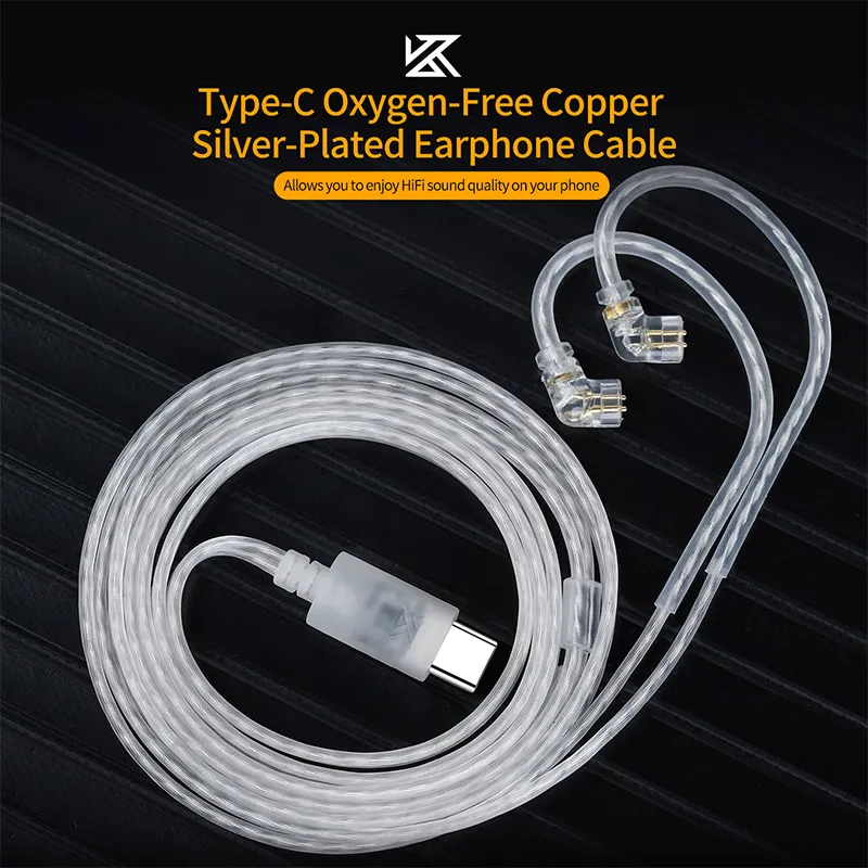 KZ Headphones Cable Type-C Oxygen-Free Copper Silver-Plated Earphone Cable 0.75MM High-purity Gold-plated Pin