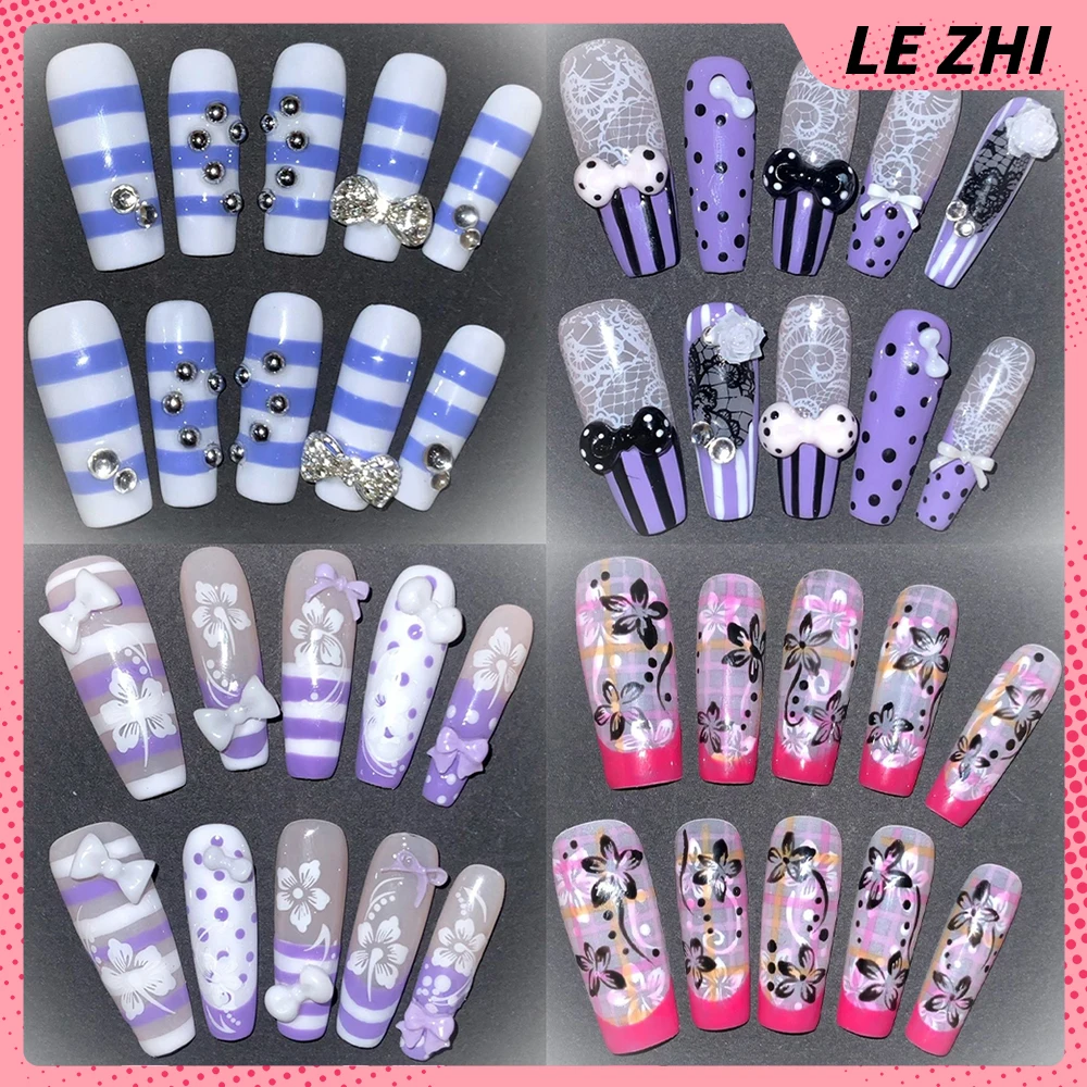 

Y2K сладкий крутой длинный гроб ручной работы, эллипс, носимые накладные ногти, нарисованные вручную цветы, бант, жемчуг, бриллиант, пресс на ногтях, подарок