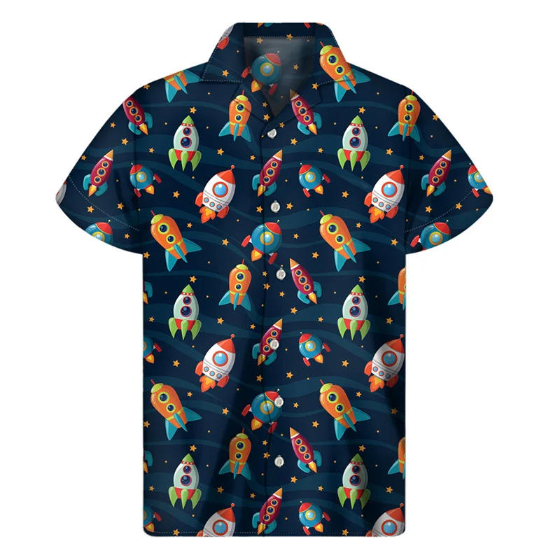 Cartoon Rocket Stars 3d Printed Shirt Men Summer Vacation Loose Short Sleeves Hawaiian Tee Shirts Button Lapel Aloha Blouse