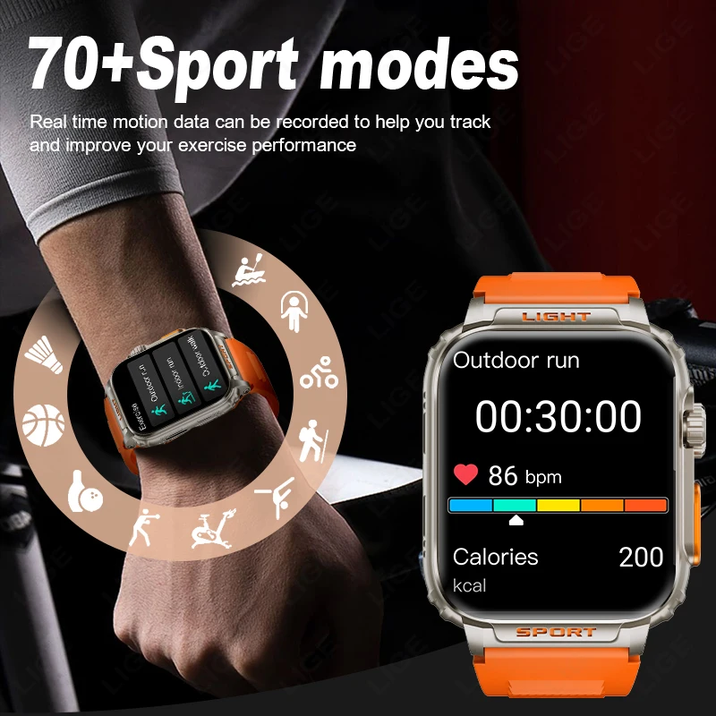 LIGE New 1.91 pollici Super Ultra Watch Bluetooth Smart Call orologio da uomo Tracker pressione sanguigna cardiofrequenzimetro Sport Smartwatch