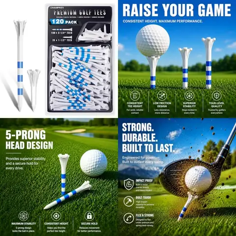Advanced 5-Prong Plastic Golf Tees 120 or 100 Pack - 50 Ball Contact Surface Optimization with Longer Distance Performance Golf