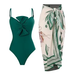 2 Piece Bow Decor Swimsuits, Tummy Control One-piece with Spaghetti Straps & Cover Up Skirt, Women's Swimwear for Holiday