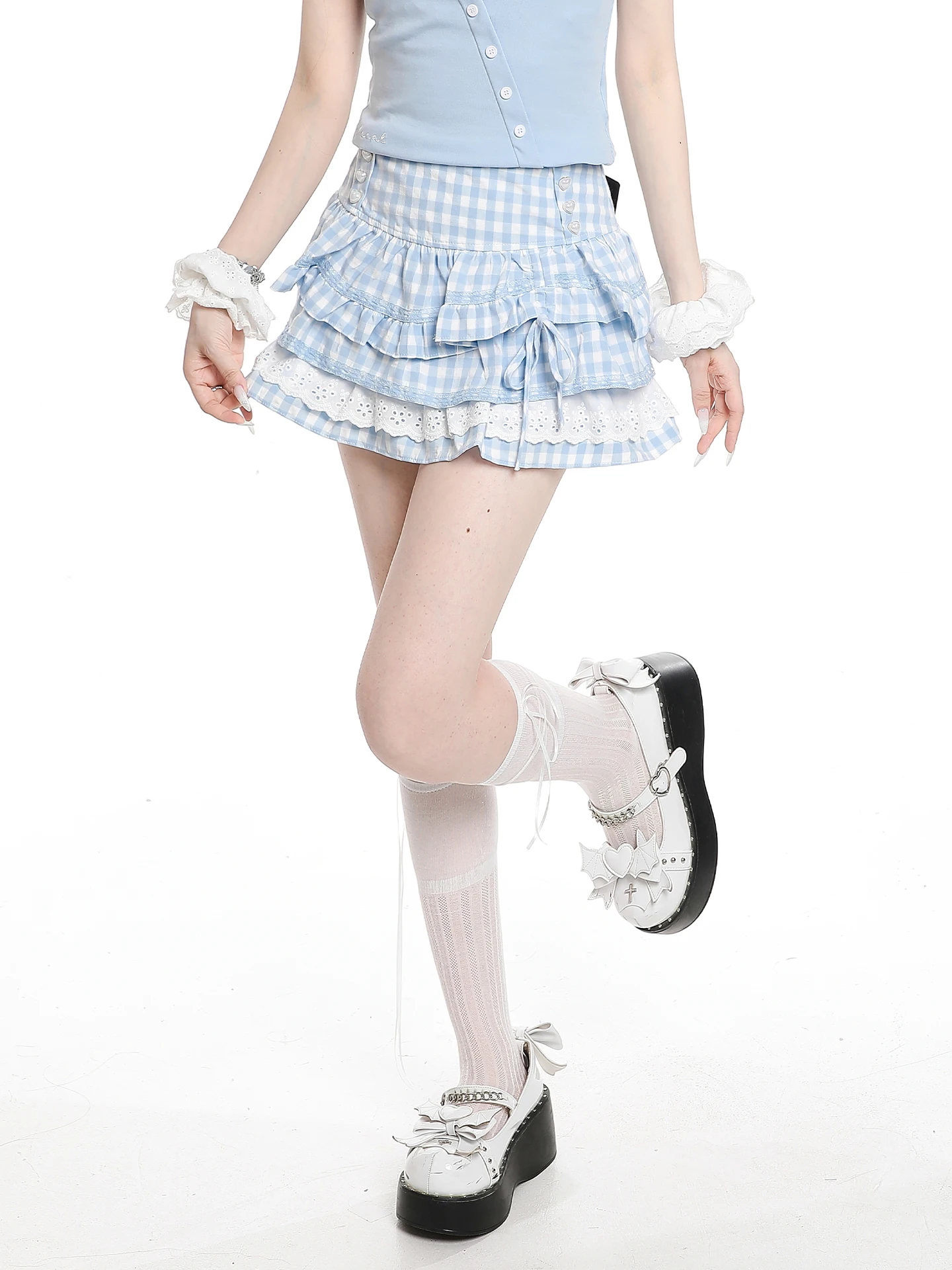 Sweet Girl Style Lace Patchwork Belted A-Line Cake Skirt Women Summer High Waist Slimming Small Size Half Skirt Casual Wear