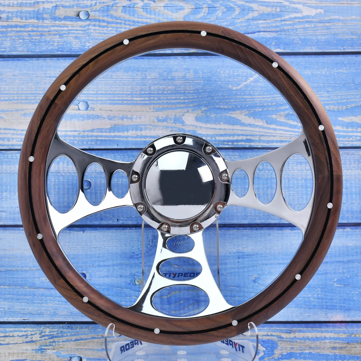 Vintage car steering wheel with a wooden rim chrome alloy nine-hole design universal classic modified car steering wheel