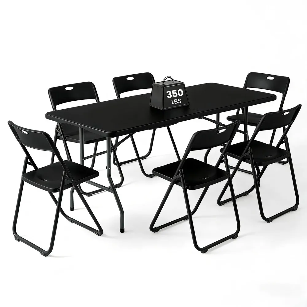 6FT Foldable Table Set with 6 Pack Plastic Folding Chairs Heavy Duty 350 lbs Folding Table & Folding Chairs Portable