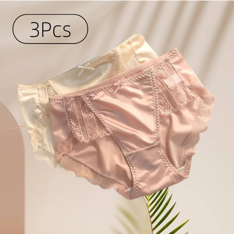 3 PCS New Underwear for Women Satin Traceless Ice Silk Panties for Lady Breathable Sexy Panties Large Mid Waist M-XXL