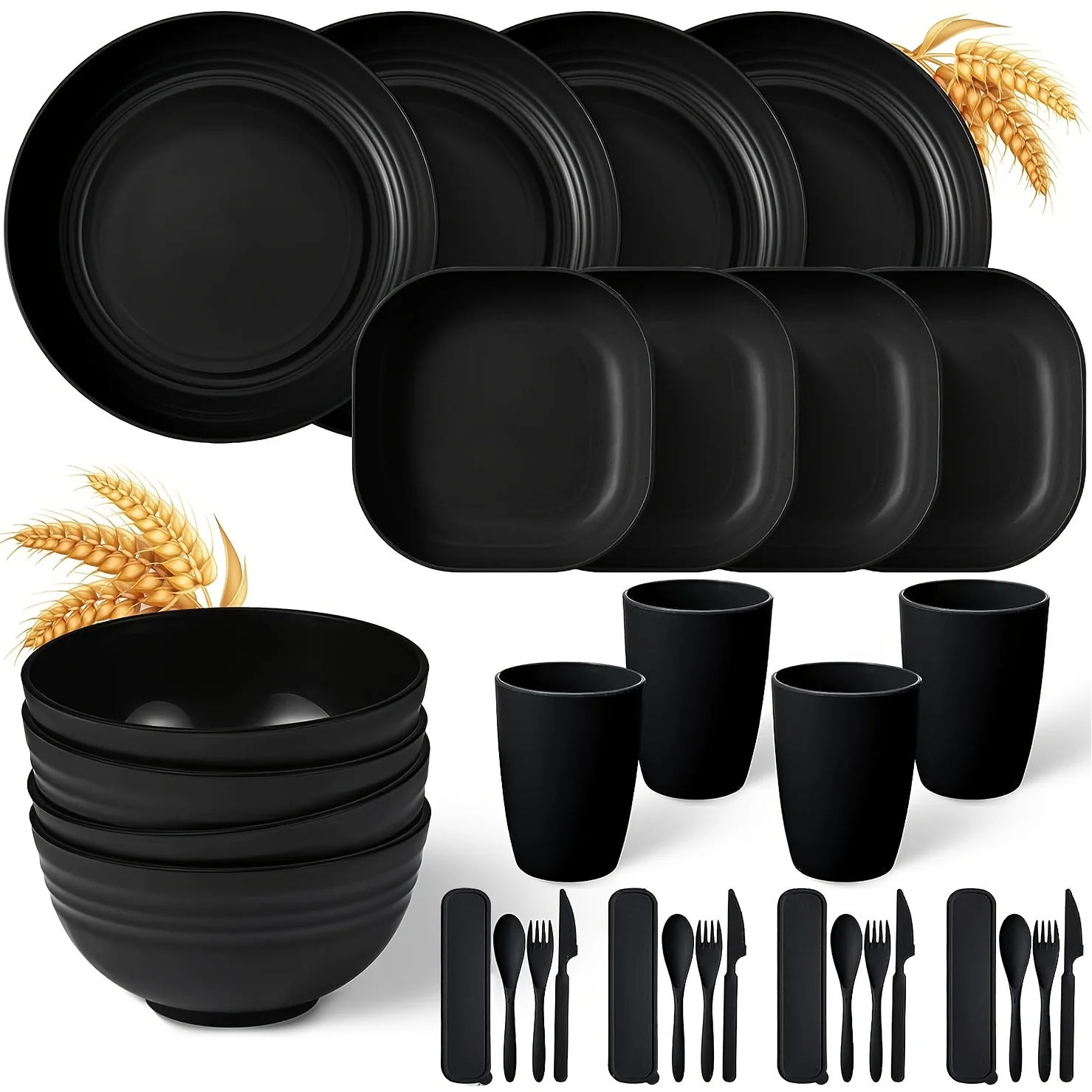 32PCS Wheat Straw Cutlery Set Black Plastic Cutlery Set With Knives Forks Spoons Cups Bowls Plates Camping Party Set Of 4sets