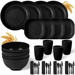 32PCS Wheat Straw Cutlery Set Black Plastic Cutlery Set With Knives Forks Spoons Cups Bowls Plates Camping Party Set Of 4sets