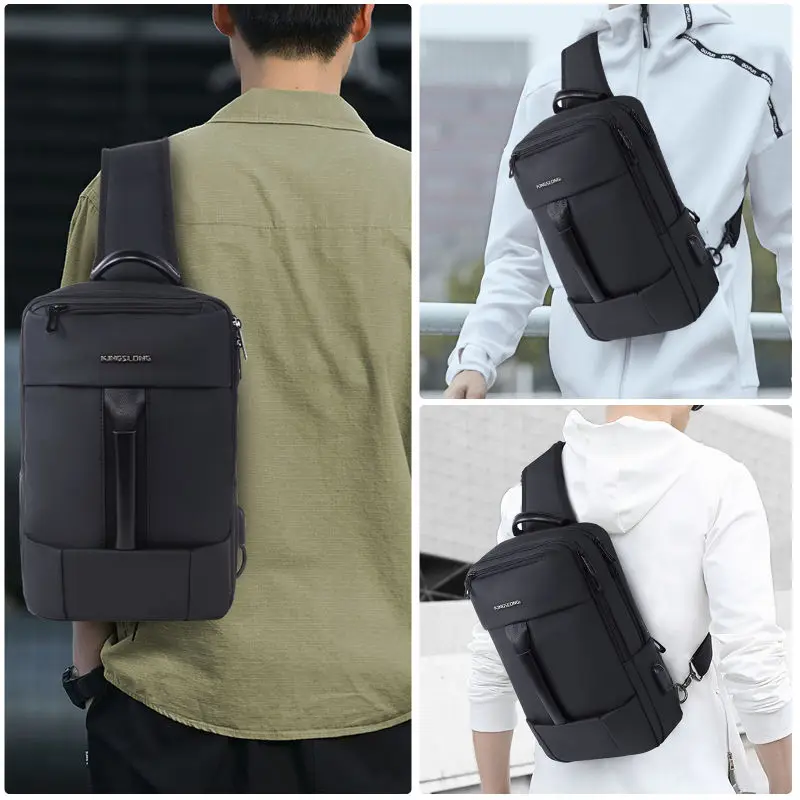 KINGSLONG-Bolso de pecho multifuncional para hombre, bolsa de hombro impermeable con puerto USB, informal, deportiva, a la moda