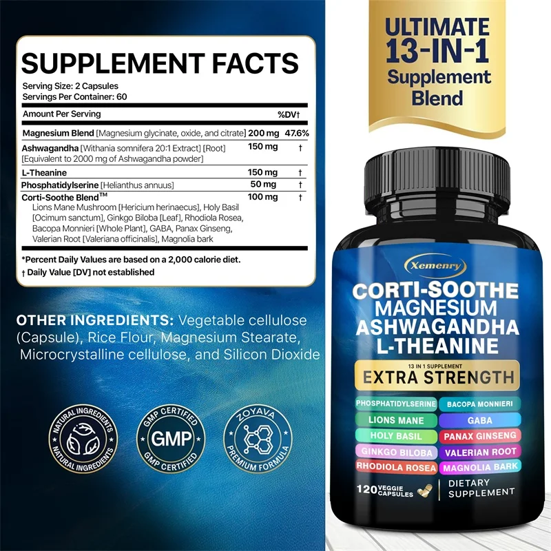 Corti-Soothe Cortisol Supplement with Magnesium, Ashwagandha, L-Theanine - Manage Stress, Maintain Calm & Support Adrenal Health