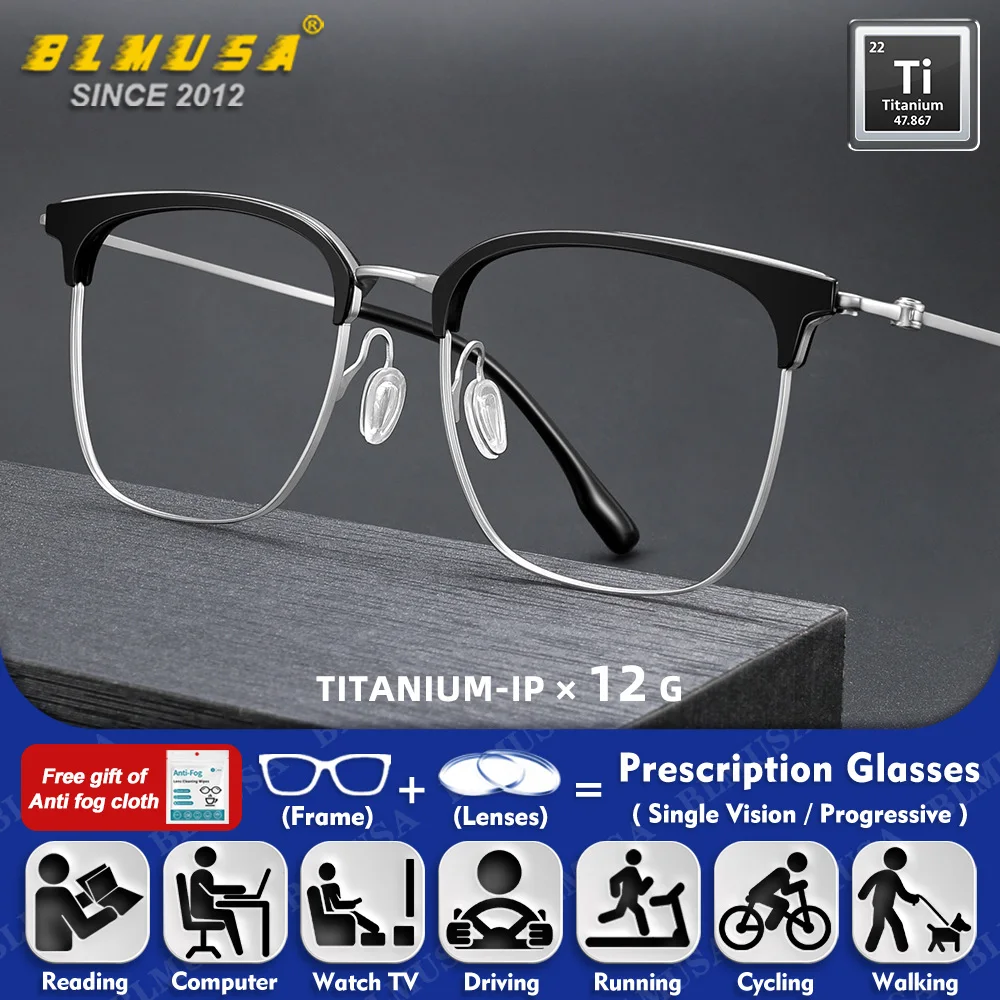 

BLMUSA (L) Men Large Square Pure Titanium Myopia Prescription Glasses High Quality Ultralight Anti Blue Light Reading Eyeglasses