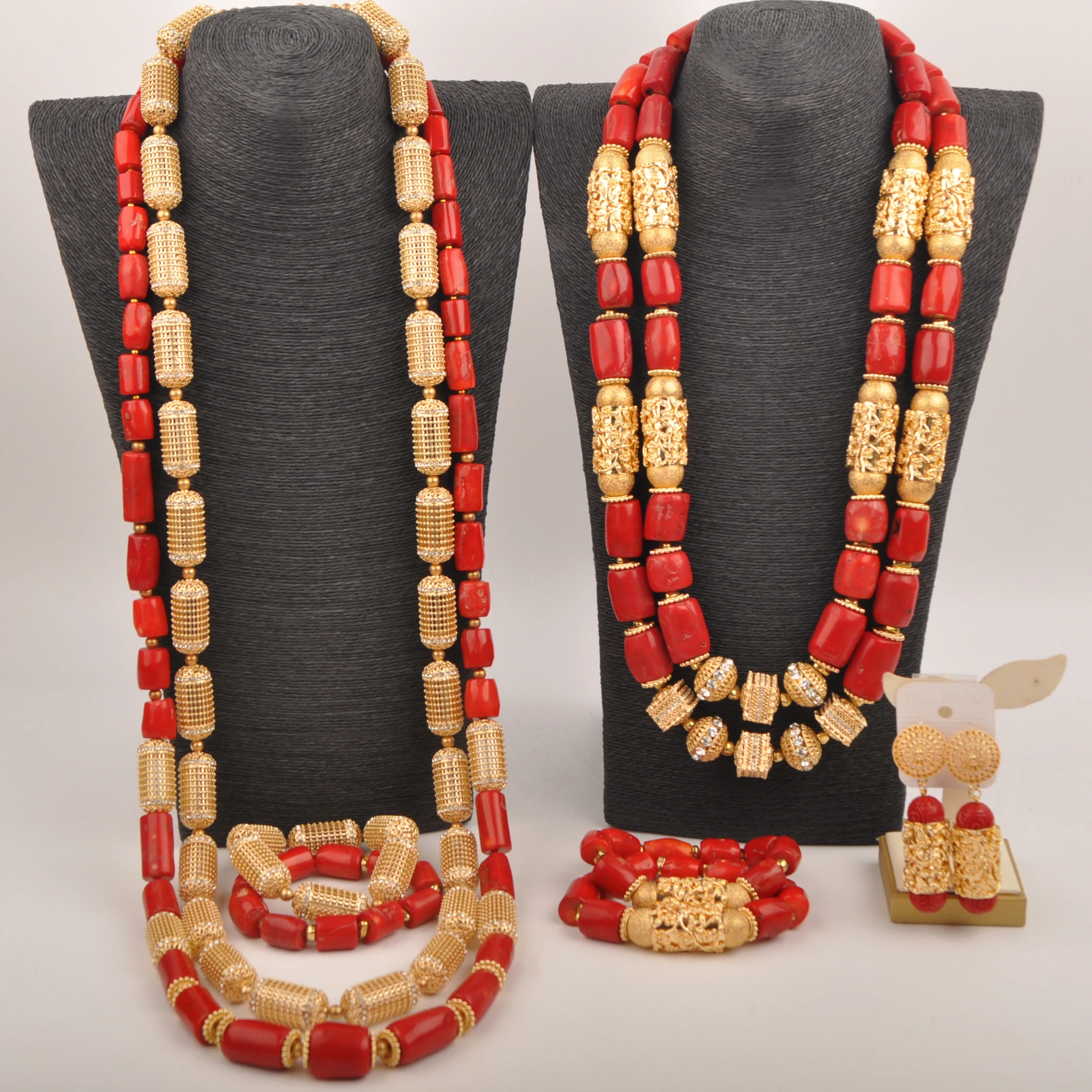 Red Coral Bead Necklace Sets Nigerian Traditional Wedding Couple Jewelry Set