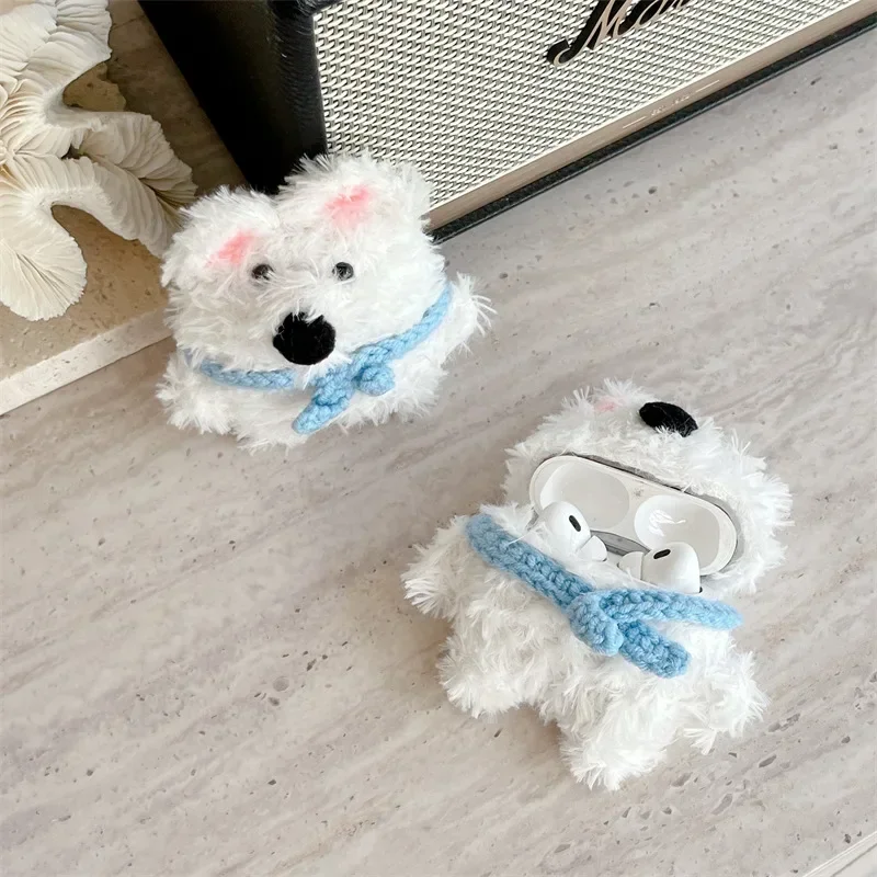 Плюшевый чехол с рисунком белой собаки для AirPods 4 Airpod 1 2 3 Pro Pro2, Bluetooth-наушники, зарядное устройство, защитный чехол для наушников