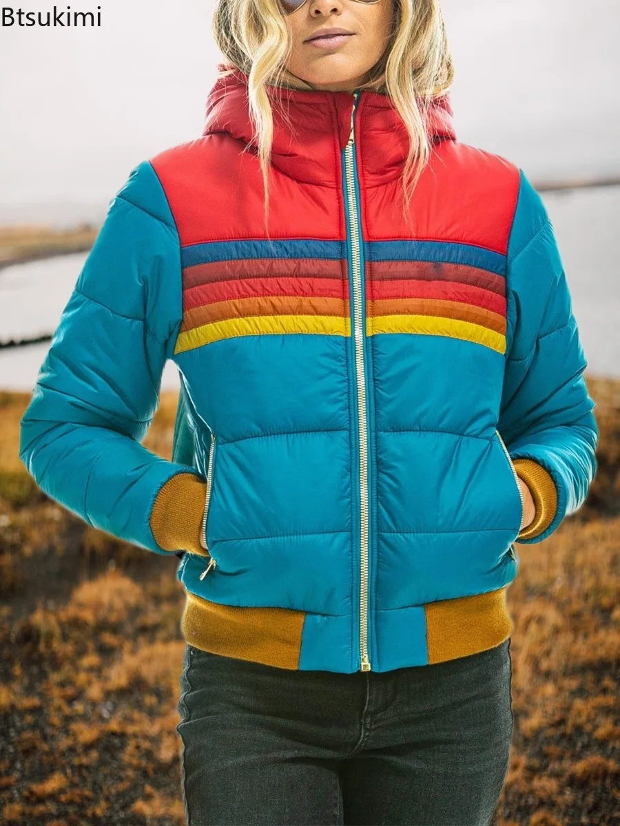 2025秋冬新作ファッションストライプジッパー付きパーカー レディース コットン製レインボージャケット スプライシングポケット付きレディースアウター