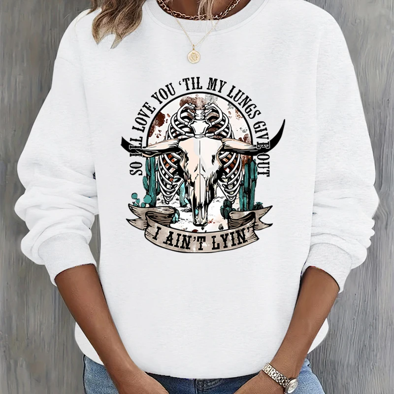 

Skull Print Women Trendy Sweatshirt I'll Love You 'Til My Lungs Give Out Print Sweatshirts Skeleton Vintage Design Women Hoodie