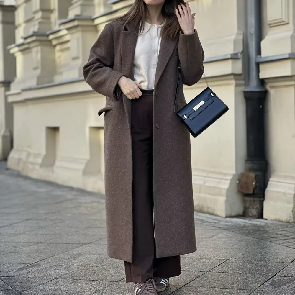 

Fashionable Long Woolen Coat Casual Turn-down Collar Elegant Outerwear For Women European Style Clothing