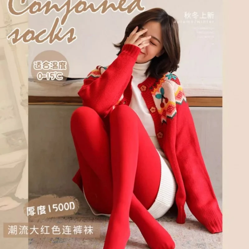 Autumn Winter New Women's Bright Red Leggings-lifting Slimming Zodiac Year Wedding Footed Fleece-lined Thickened One-piece P