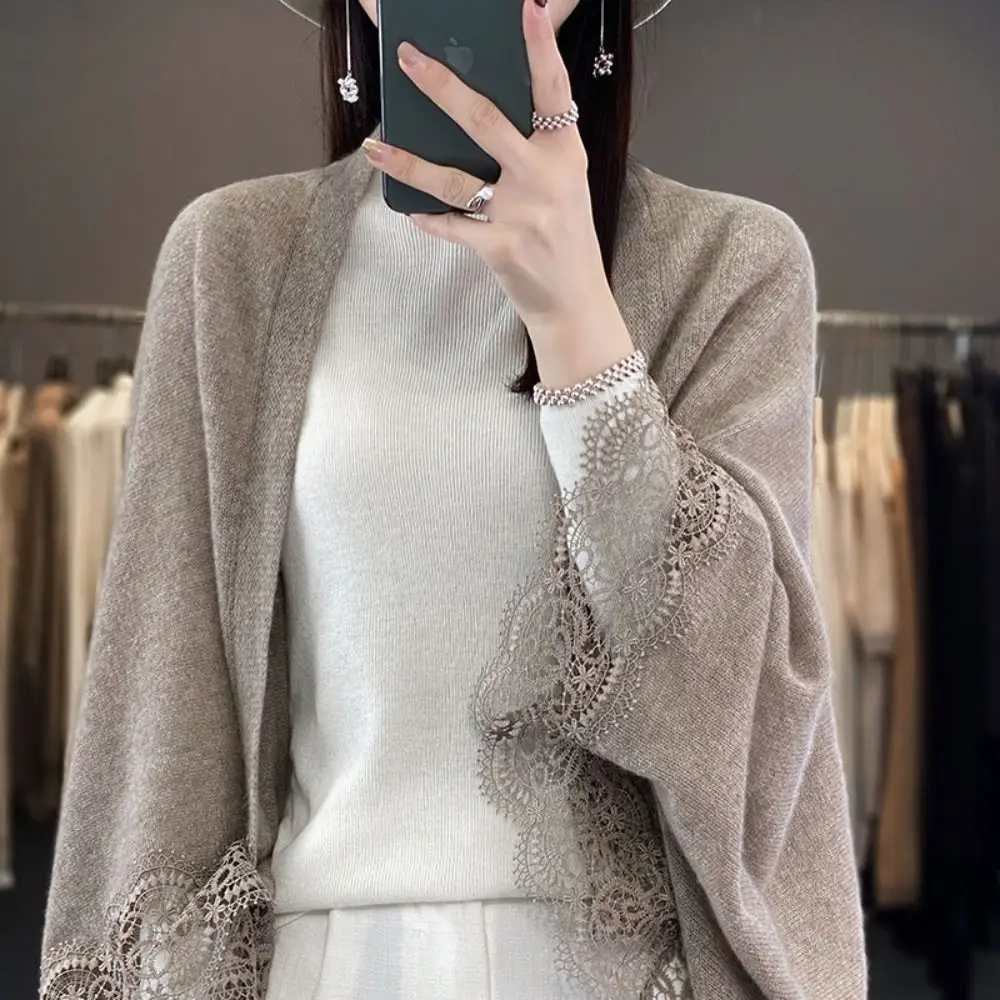 Fashion Women Wool Knitted Shawl Spring Autumn Breathable Lace Edge Scarf Luxury Brand Design Skin Friendly Cardigan Top