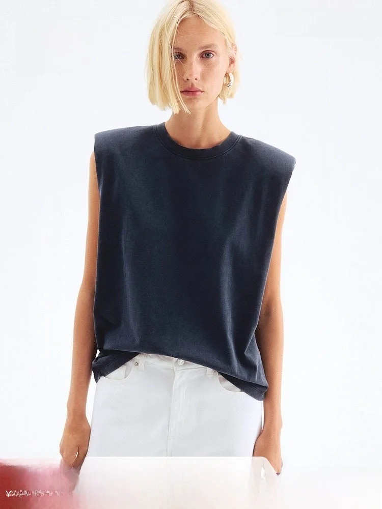

H&M Spring New Women's Vest with oulder Pads Svel Top Casual Loose Fit round Ne Cotton H-ape Bal Outerwear