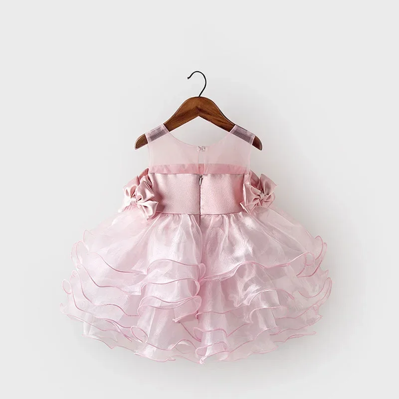 Customized Sweet Side Bow Design Kids Birthday Party Dresses Tiered Mesh Pleated Gown Princess Dress Simple Flower Girl Vestidos