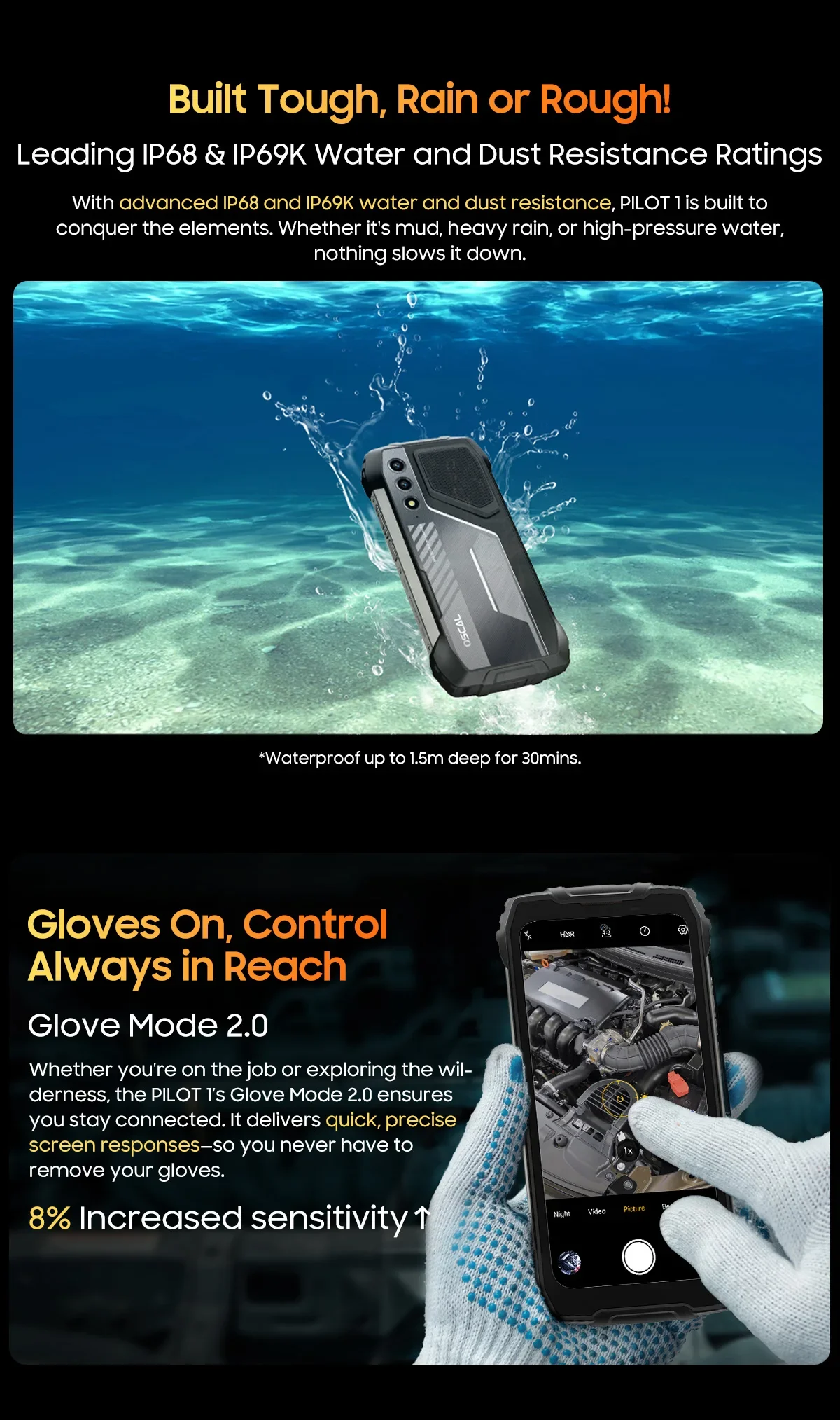 Global version Blackview OSCAL PILOT 1 Rugged Phone 6.67'' HD+ Display 50MP Camera 6GB+256GB 15000mAh NFC Smartphone Android 14