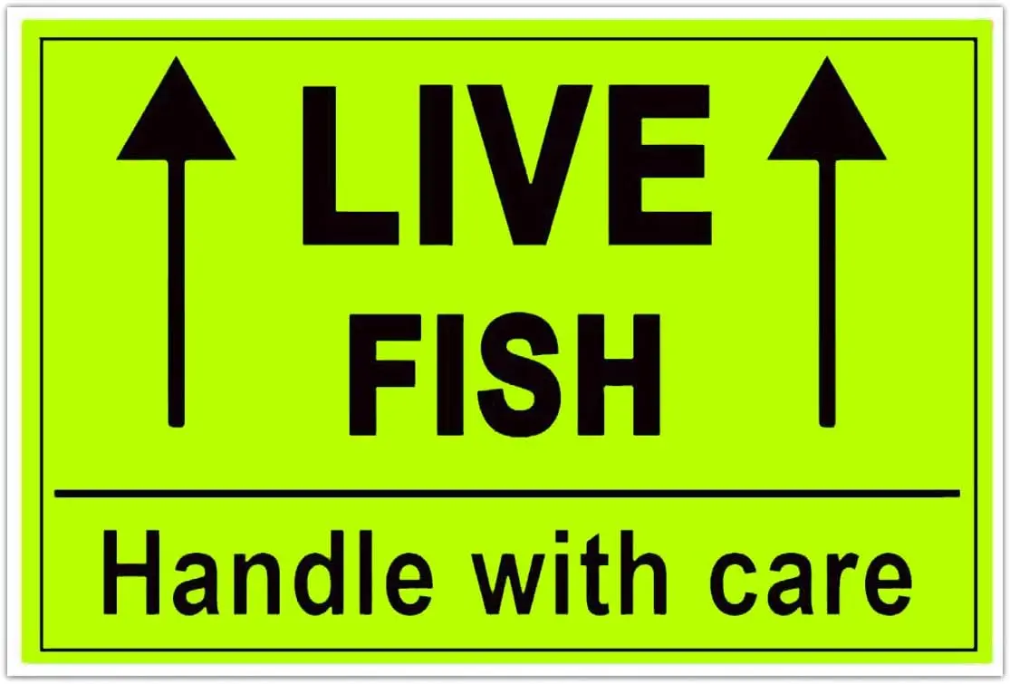 Live Fish Stickers Shipping Labels, 2 X 3 Inch Fluorescent Green Please Handle with Care Stickers  250pcs