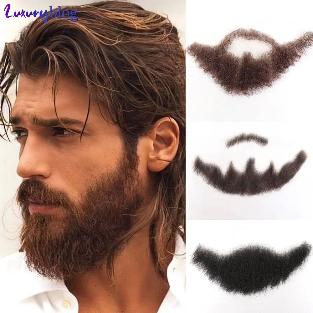 Brown Curly Fake Beard 100% Human Hair Realistic False Beard Lace Invisible Fake Mustache for Men Makeup Facial Hair