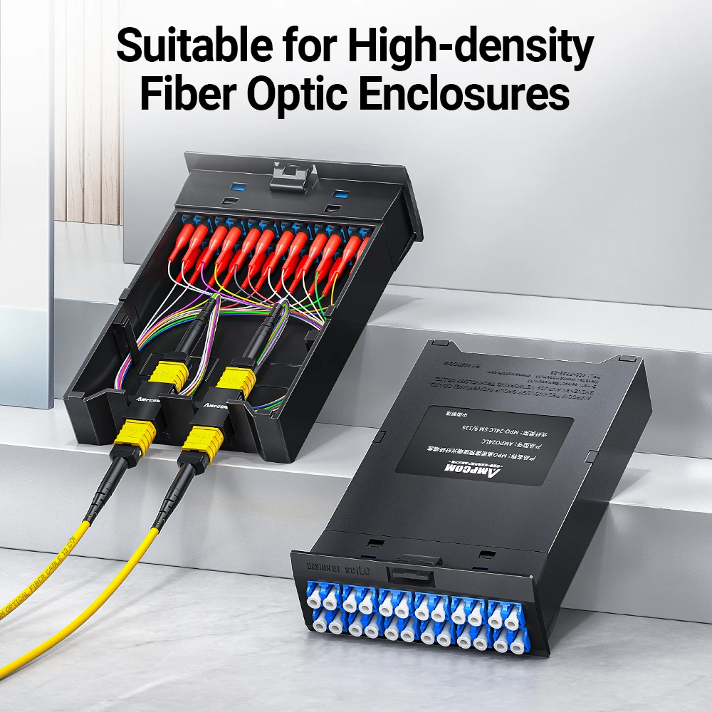 AMPCOM MPO إلى LC الألياف التصحيح الحبل نوع B OS2 المفردة 8/12/24 النوى كابل صندوق السيارة لأجهزة الإرسال والاستقبال 10G QSFP + 100G QSFP28 1-30 متر