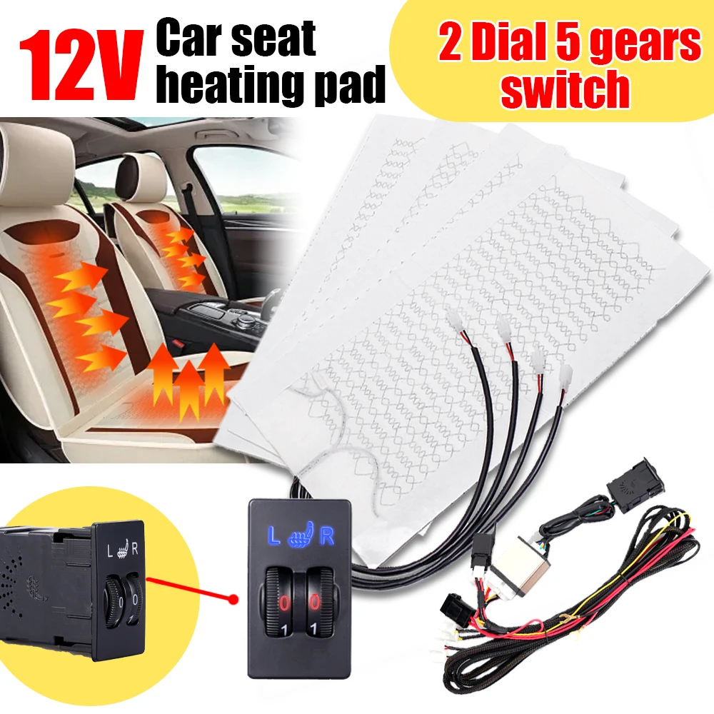 Built-in Car Seat Heater Fit 2 Seats 12V Carbon Fiber Seat Heating Pad Dual Dial 5 Level Square Control Winter Warmer Seat Cover