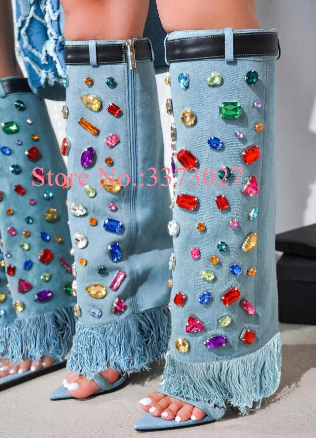 Crystal Decor Denim Lady Long Boots Sexy Fringe Pointed Toe Woman Knee High Boots Fashion Thin Heel Jean Sandals Boots