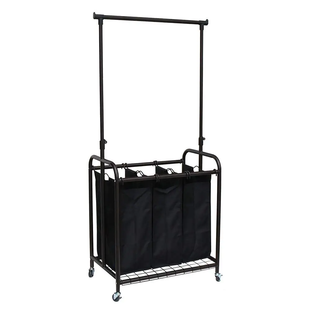 Metal Rolling Laundry Sorter with Adjustable Hanging Bar 3-Bag Black Rectangular Big Families Dorms Apartments Smooth Mobility