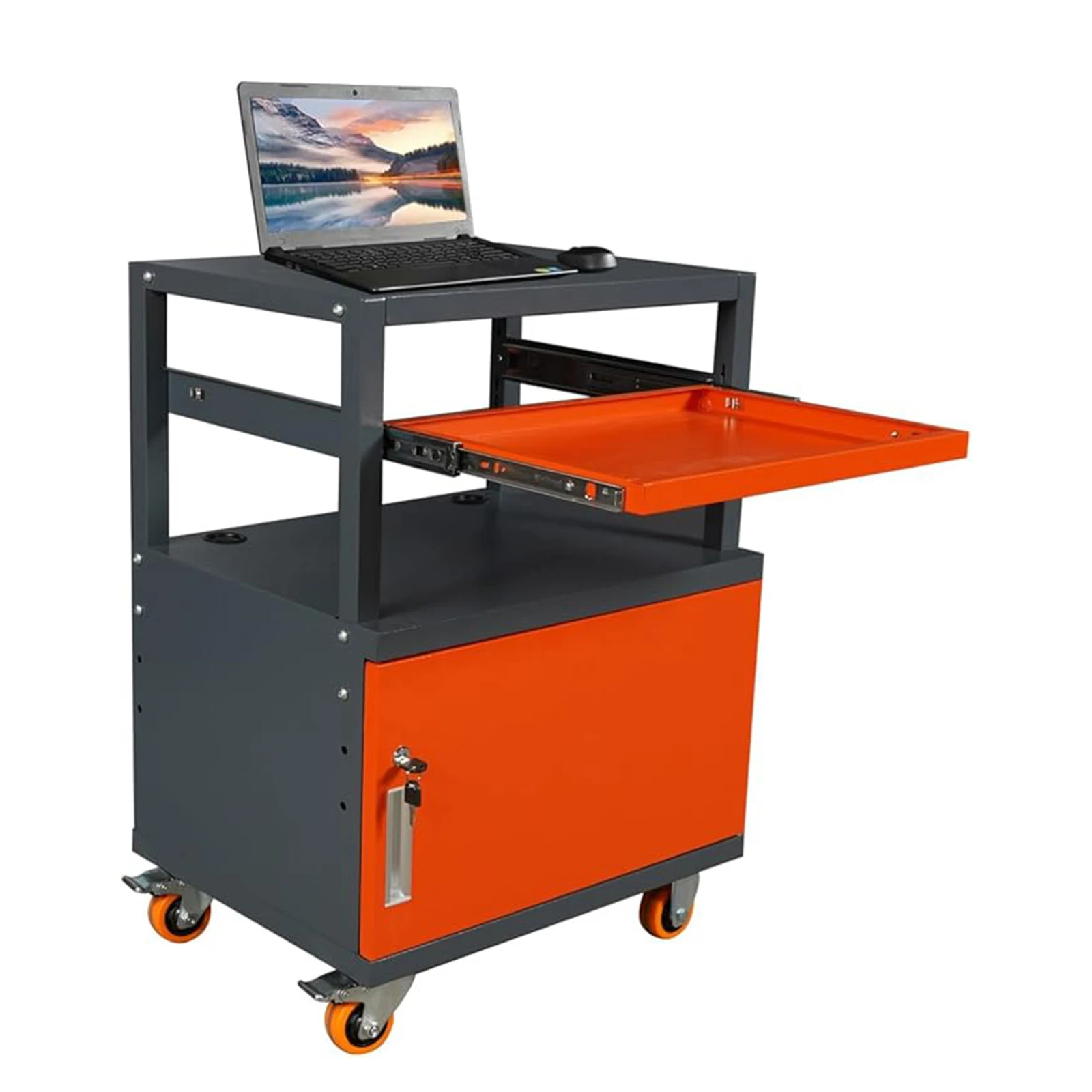 

Steel Large AV Cart with Extra Storage Cabinet, Metal Presentation Cart with Keyboard Tray, Rolling Media Cart with Wheels for C