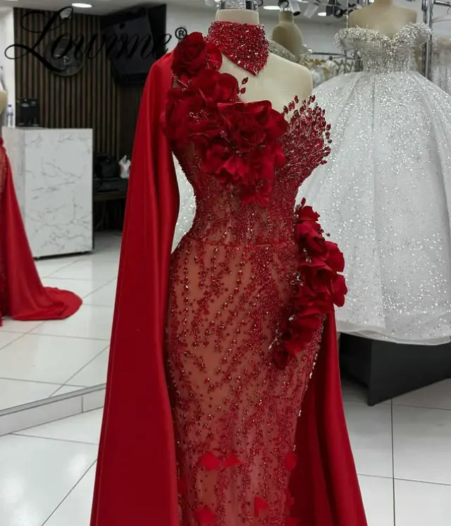 

Бордовые длинные платья русалки для выпускного вечера с накидкой на рукавах, индивидуальные 3D цветочные цветы и кристаллы, вечерние платья для помолвки