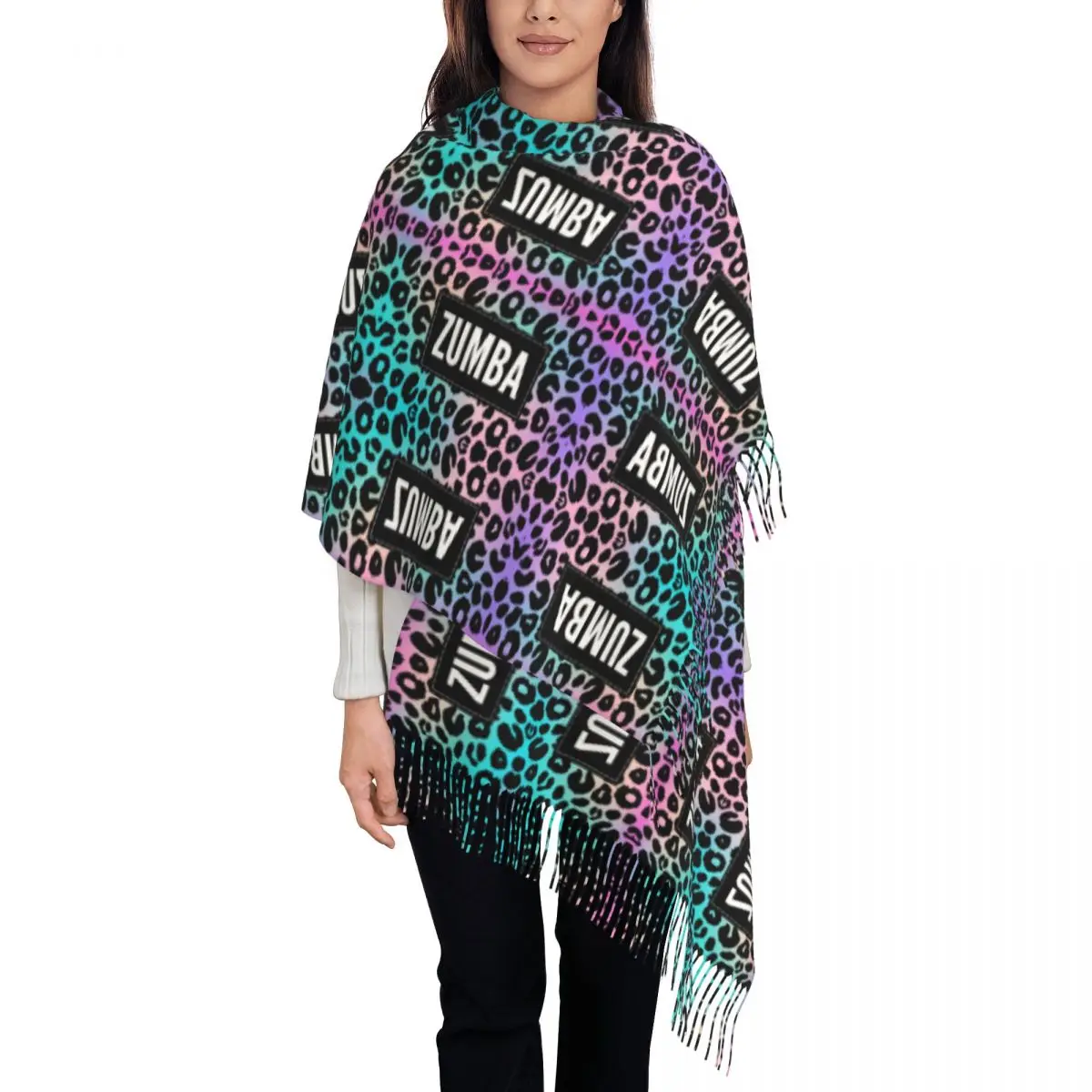 Custom Colourful Zumbas Dance Leopard Tassel Scarf Women Soft Shawls Wraps Lady Winter Fall Scarves