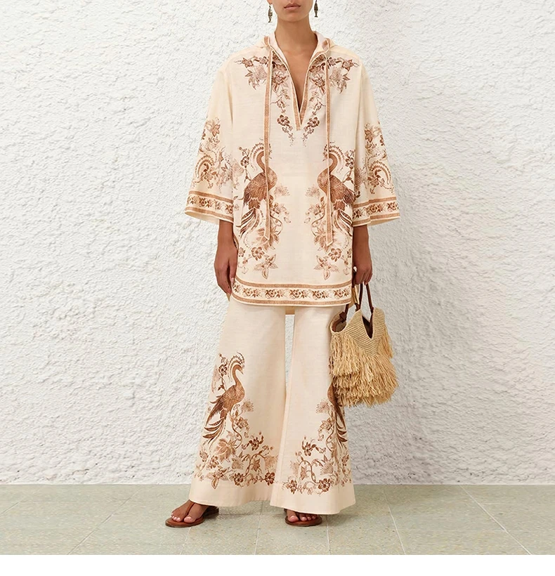 

White Cream Color Brown Floral Print Long Sleeve Hooded Blouse and Pants 2025
