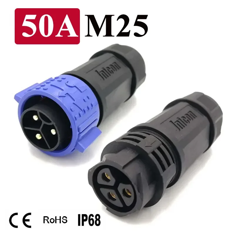 Connecteur étanche IP67 M25 mâle/femelle, 2, 3 ou 4 broches, 6-18 mm, 50 A, haute intensité, à sertir/à visser, prise de câblage 300 V