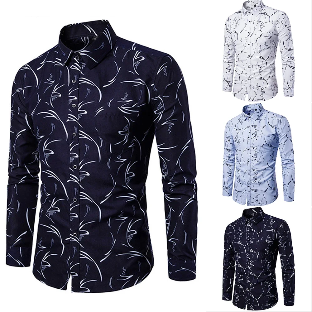 Camisa de manga comprida com estampa floral masculina, blusa formal, tops casuais de festa