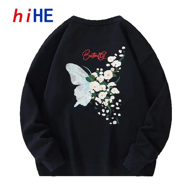 Men's Sweatshirt 100% Cotton Butterfly Embroidery Loose Crew Neck Long Sleeve Plus Size Casual Couple Pullover 2026
