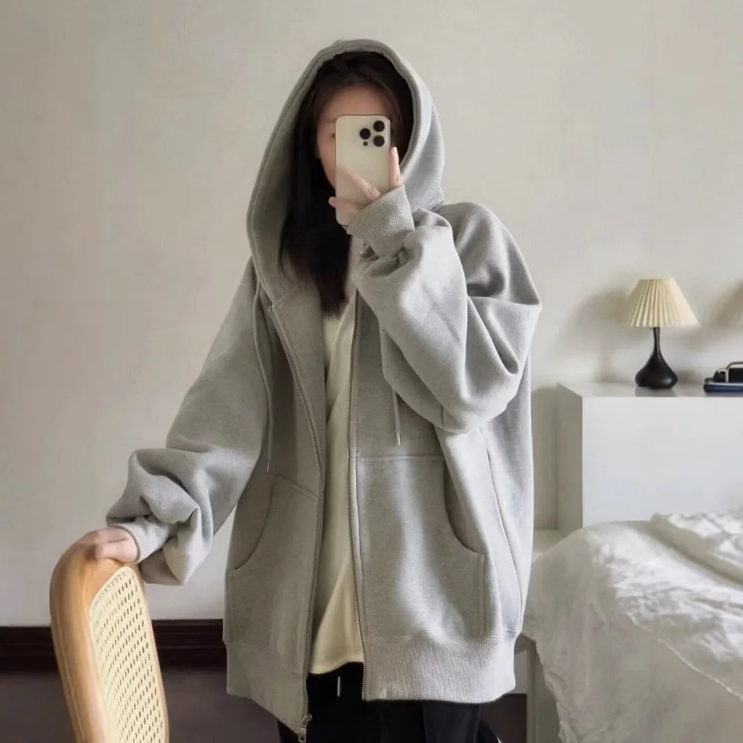 

Jacket Women's and Men's Zipper Sweater Autumn and Winter 2025 Hooded Solid Color Drawstring Versatile Fleece Cardigan Top