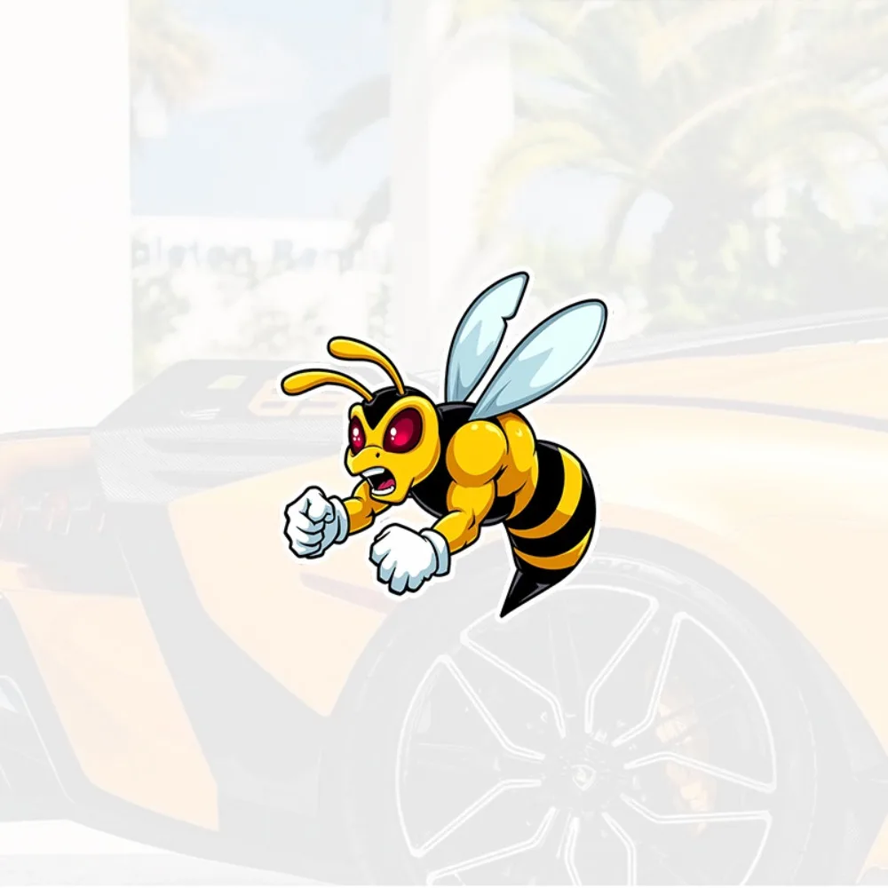 

dynamic cartoon bee character PVC sticker perfect for decorating flat surfaces such as vehicles laptops cups windows
