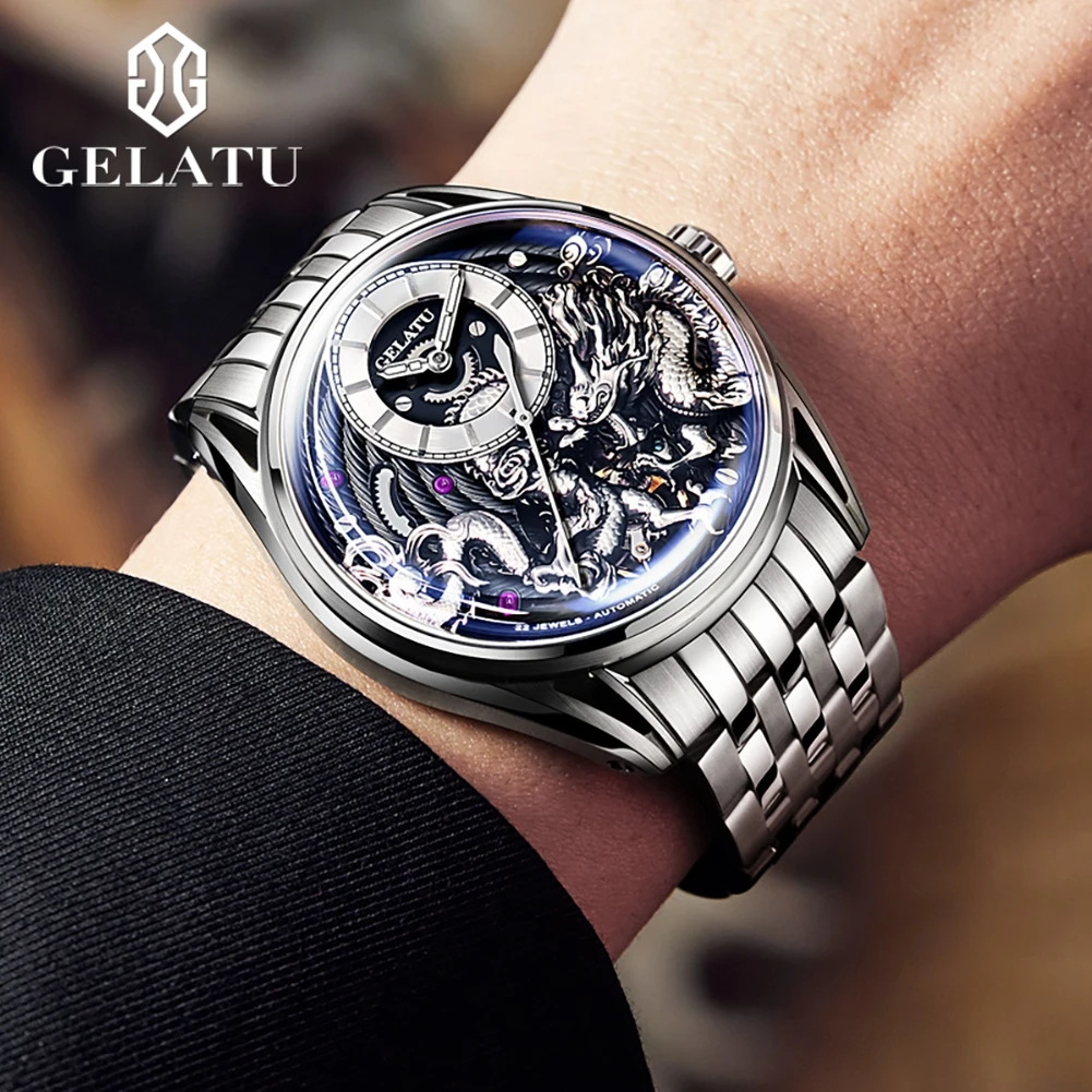 GELATU Mechanical Men\'s Watches Silver Stainless Steel Dragon Watch Automatic Luxury Brand Wristwatch Man Skeleton Waterproof