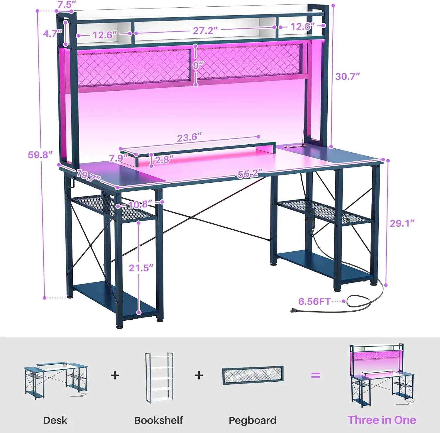 2024 Upgrade Gaming Desk with Hutch, 55.2'' Magic Computer Desk with LED Lights and Outlets,