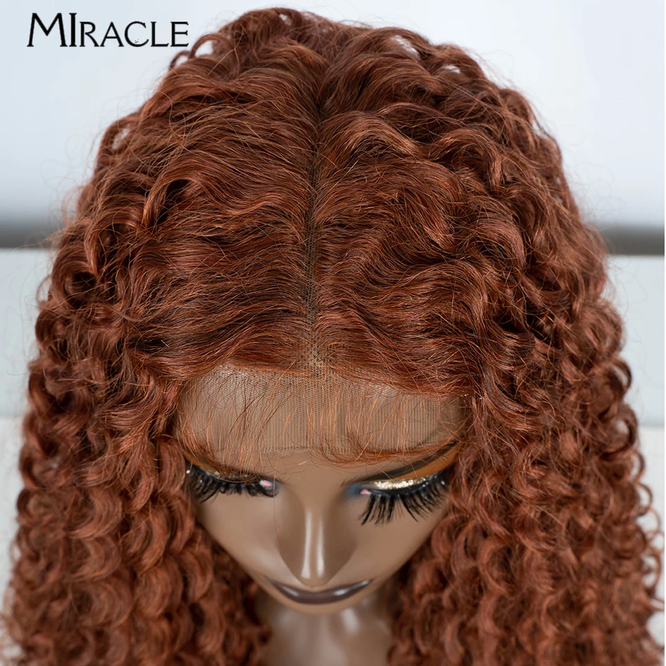 MIRACLE Afro Wig keriting Wig renda sintetis coklat untuk wanita Wig Cosplay gelombang air 30 inci tahan panas rambut palsu panjang bergelombang