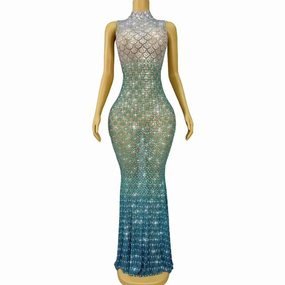 Sparkly Strass Mouwloze Lange Jurk Vrouwen Mesh Transparante Avond Prom Verjaardag Zeemeermin Jurk Fotoshoot Stadium Slijtage